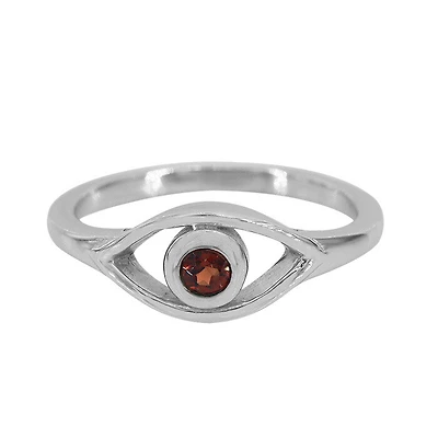 Sterling Silver With Rhodium, 7X13mm Evil Eye Ring With 3Mm Garnet, 2mm Band