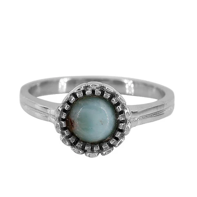 Sterling Silver With Rhodium, 9mm Flower Ring With 6mm Larimar, 2mm Band