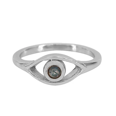 Sterling Silver With Rhodium, 7X13mm Evil Eye Ring With 3mm Labradorite, 2mm Band