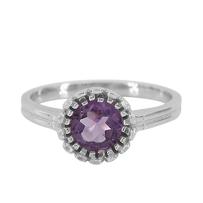 Sterling Silver With Rhodium, 9mm Flower Ring With 6mm Amethyst, 2mm Band