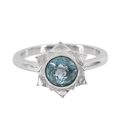 Sterling Silver With Rhodium, 11X12mm Flower Ring With 6mm Blue Topaz, 2mm Band