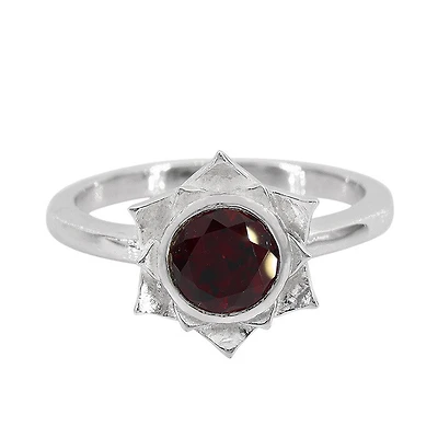Sterling Silver With Rhodium, 11X12mm Flower Ring With 6mm Garnet, 2mm Band