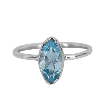 Sterling Silver With Rhodium, 5X10mm Blue Topaz Ring With 1.5mm Band