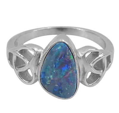 Sterling Silver With Rhodium, 12X11mm Australian Opal Stone Ring With Celtic Knot Design, Colour And Size May Vary