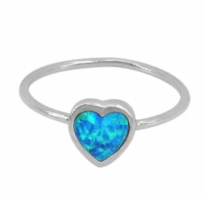 Sterling Silver With Rhodium, 8mm Heart Ring With Emulated Opal Stone And 1mm Band