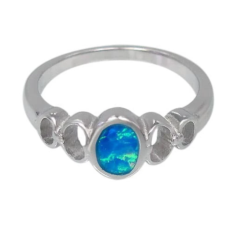 Sterling Silver With Rhodium, 8X6Mm Emulated Opal Stone Ring