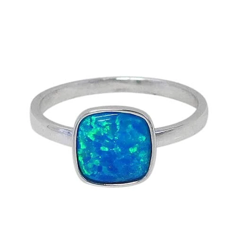 Sterling Silver With Rhodium, 9X9mm Emulated Opal Stone Ring