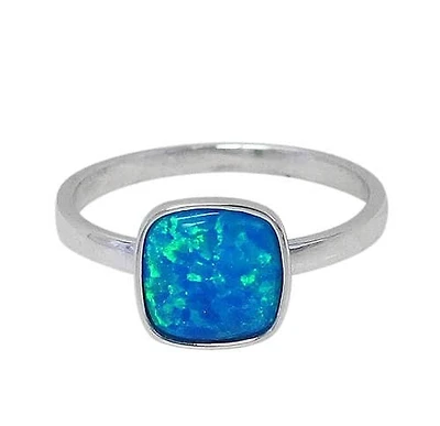 Sterling Silver With Rhodium, 9X9mm Emulated Opal Stone Ring