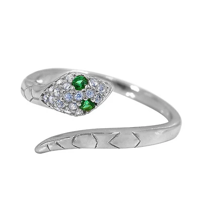 Sterling Silver With Rhodium, Adjustable Snake Ring With Cubic Zirconia, 12Mm Width