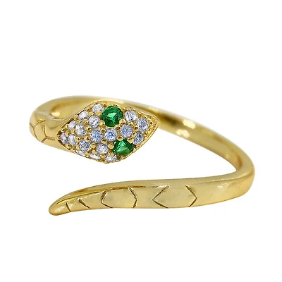 Sterling Silver With Gold, Adjustable Snake Ring With Cubic Zirconia, 12mm Width