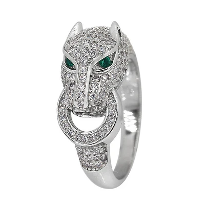 Sterling Silver With Rhodium, Panther Head Ring With Cubic Zirconia, 10mm Width