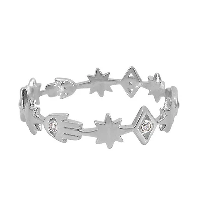 Sterling Silver With Rhodium, North Star And Hamsa Ring With Cubic Irconia