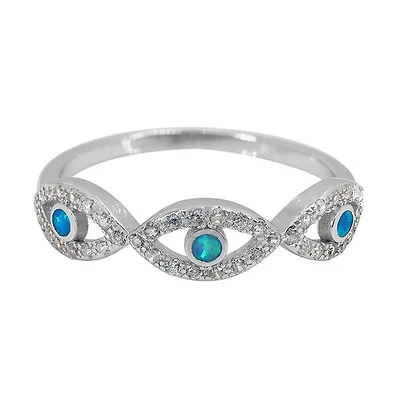 Sterling Silver With Rhodium, Evil Eye Ring With Emulated Opal And Cubic Zirconia, 5mm Width