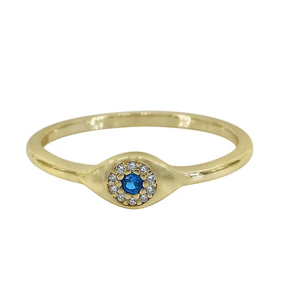 Sterling Silver With Gold, 5X9mm Evil Eye Ring With Cubic Zirconia, 1.5mm Band