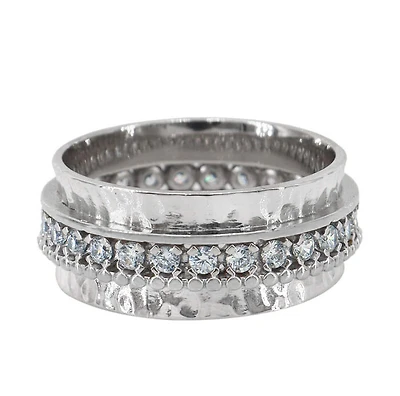 Sterling Silver With Rhodium, 2mm Cubic Zirconia Ring With Hammered Finished, 9mm Width