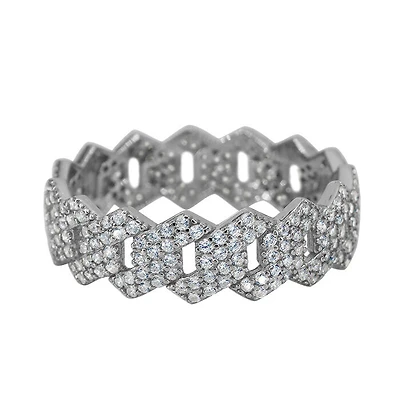 Sterling Silver With Rhodium, 7.5nm Cuban Ring With Cubic Zirconia
