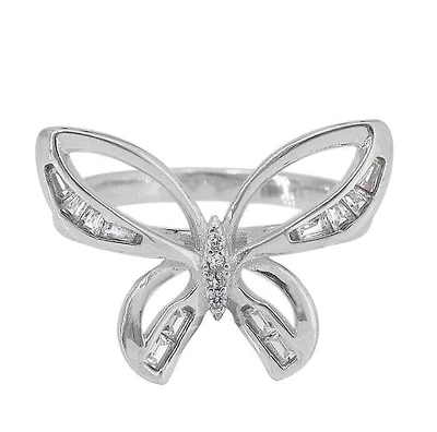 Sterling Silver With Rhodium, 16X22mm Butterfly Ring With Cubic Zirconia, 2.5mm Band