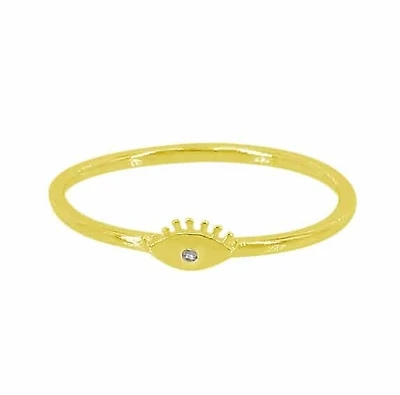 Sterling Silver With Gold, 3X6mm Evil Eye Ring With 1mm Cubic Zirconia, 1mm Band
