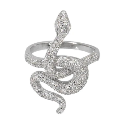 Sterling Silver With Rhodium, 32X17mm Snake Ring With Cubic Zirconia, 2.5mm Band