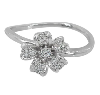 Sterling Silver With Rhodium, 10mm Diameter Flower Ring With Cubic Zirconia, 1.5mm Band