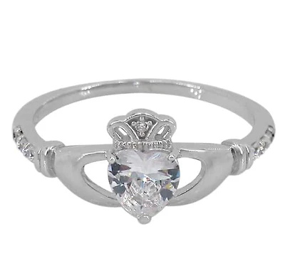 Sterling Silver With Rhodium, Claddagh Ring With Cubic Zirconia, Center Stone Is Approximately 6X6mm
