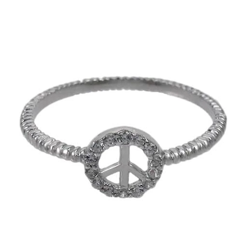 Sterling Silver With Rhodium, 7mm Peace Sign Ring With Cubic Zirconia