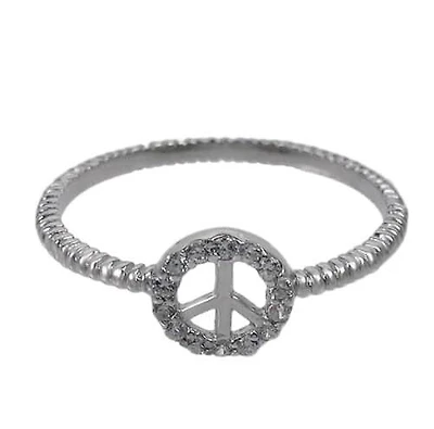 Sterling Silver With Rhodium, 7mm Peace Sign Ring With Cubic Zirconia
