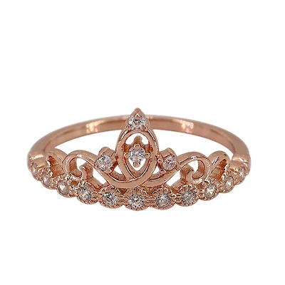 Sterling Silver With Rose Gold, 10mm Crown Ring With Cubic Zirconia, 1mm Band