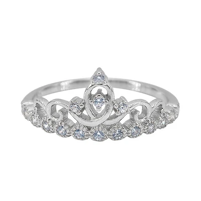 Sterling Silver With Rhodium, 10mm Crown Ring With Cubic Zirconia, 1mm Band