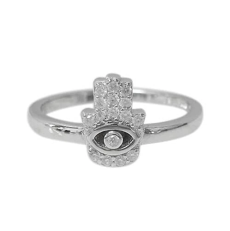 Sterling Silver With Rhodium, 10mm Hamsa Ring With Cubic Zirconia