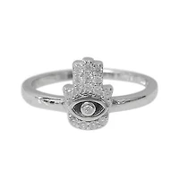 Sterling Silver With Rhodium, 10mm Hamsa Ring With Cubic Zirconia