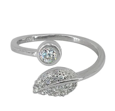 Sterling Silver With Rhodium, Adjustable 12mm Leaf Ring With Cubic Zirconia