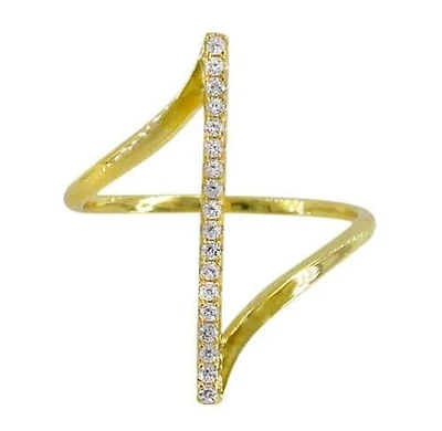 Sterling Silver With Gold, 24mm Vertical Bar Ring With Cubic Zirconia, 1mm Band