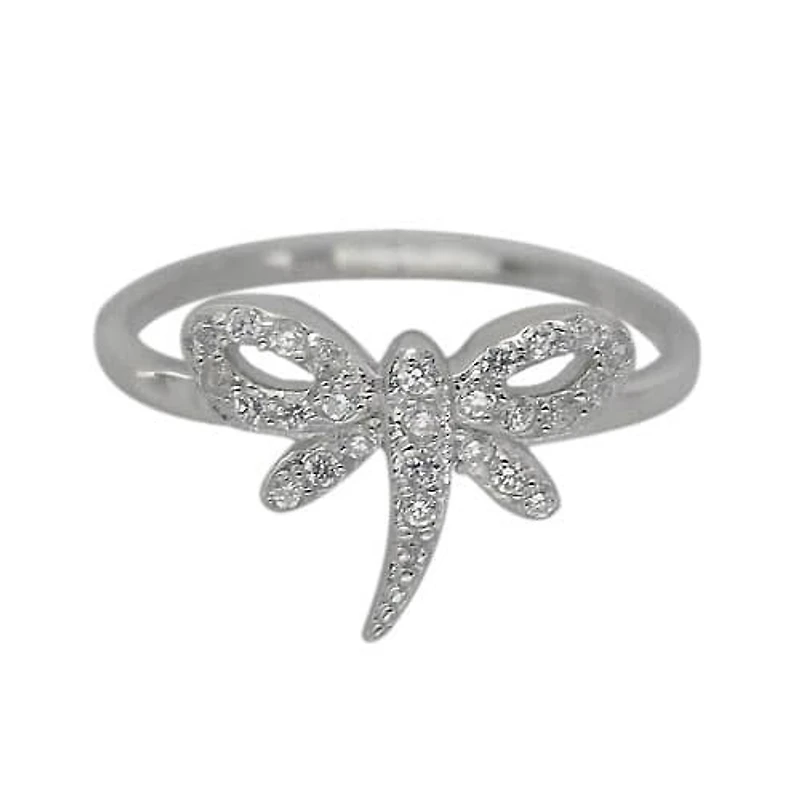Sterling Silver With Rhodium, 11mm Dragonfly Ring With Cubic Zirconia