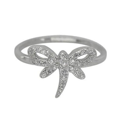 Sterling Silver With Rhodium, 11mm Dragonfly Ring With Cubic Zirconia