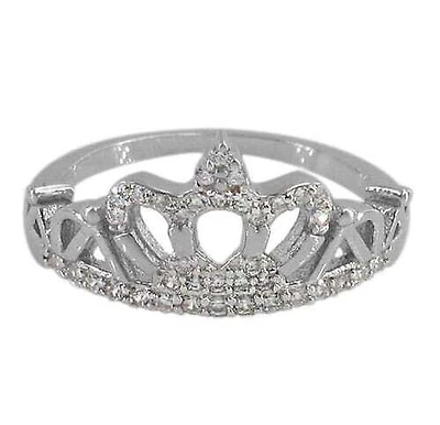 Sterling Silver With Rhodium, 11mm Crown Ring With Cubic Zirconia, 2mm Band
