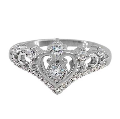 Sterling Silver With Rhodium, 12mm Crown Ring With Cubic Zirconia, 2mm Band