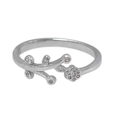 Sterling Silver With Rhodium, Flower Ring With Cubic Zirconia, 7X13mm Width