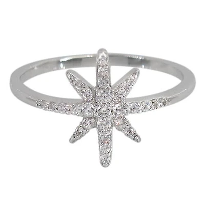 Sterling Silver With Rhodium, 13X15mm Star Ring With Cubic Zirconia, 1mm Band.