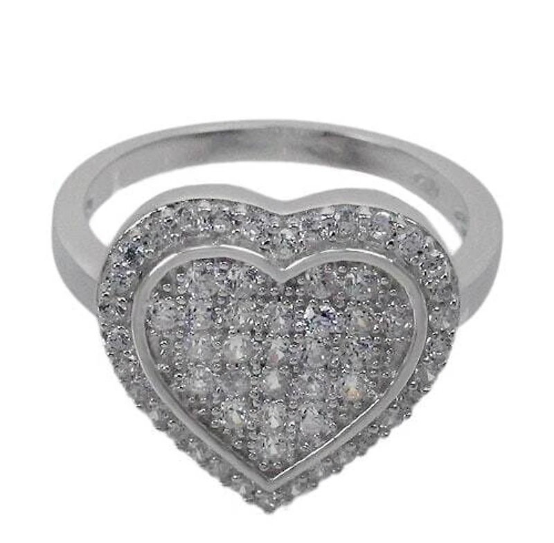 Sterling Silver With Rhodium, 16mm Heart Ring With Cubic Zirconia
