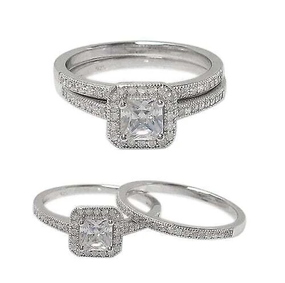 Sterling Silver With Rhodium, Ring Set With 5X5mm Cubic Zirconia, 2mm Band