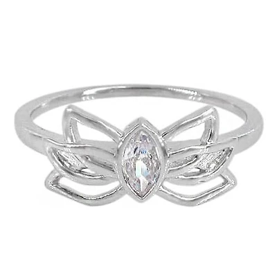 Sterling Silver With Rhodium, 8X16mm Lotus Ring With Cubic Zirconia, 1mm Band