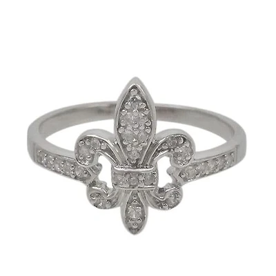 Sterling Silver With Rhodium, 14mm Fleur De Lis Ring With Cubic Zirconia