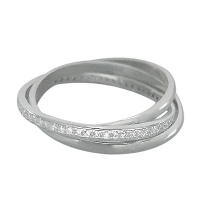 Sterling Silver With Rhodium, 3 Band Rolling Ring With Cubic Zirconia, 2mm Band