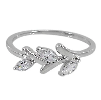 Sterling Silver With Rhodium, 15X6mm Leaf Ring With Cubic Zirconia, 1mm Band