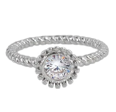 Sterling Silver With Rhodium, Flower Ring With 5mm Cubic Zirconia, 2mm Band