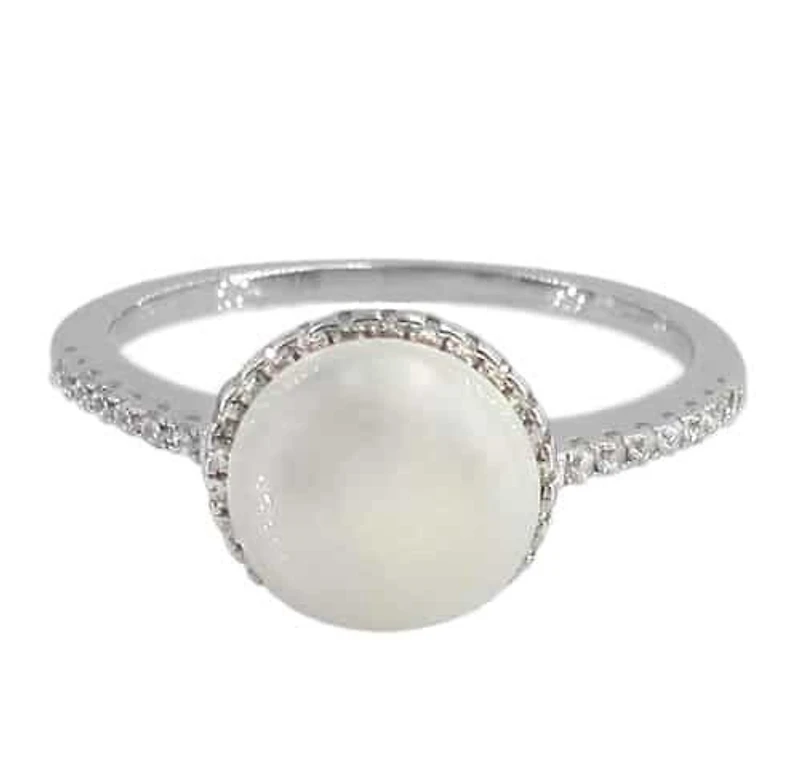 Sterling Silver With Rhodium, 9mm Pearl Ring With 1mm Band