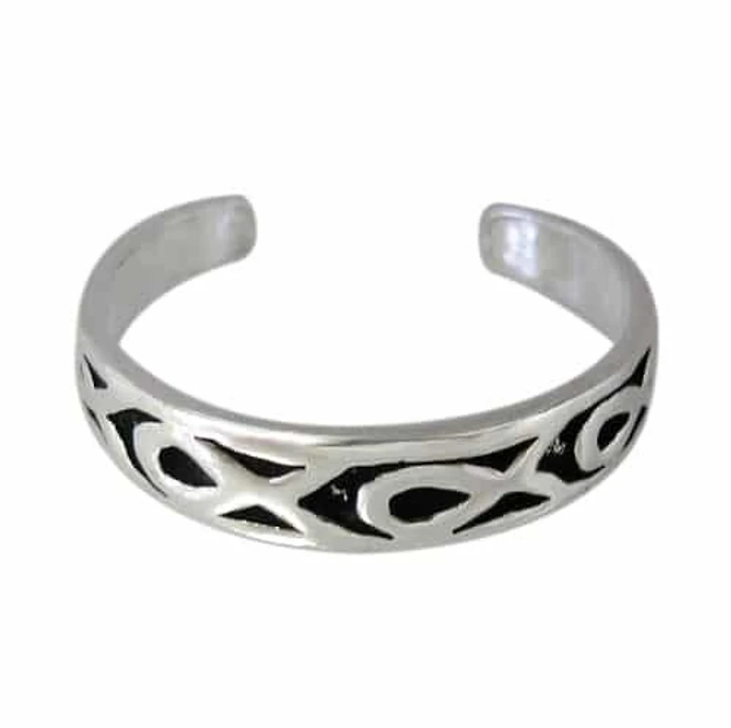 Sterling Silver, Adjustable Toe Ring With Fish Pattern