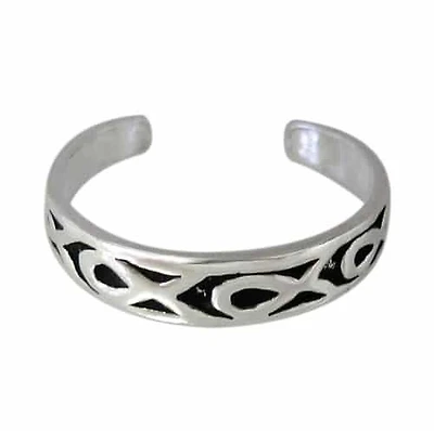 Sterling Silver, Adjustable Toe Ring With Fish Pattern