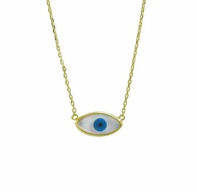 Sterling Silver With Gold, 8X15mm Evil Eye Shell Necklace